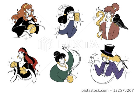 Crystal ball. Future telling. Predict by magic. Gypsy woman. Magician fortuneteller. Witch conjuring spell with wand. Oracle divination. Astrology horoscope. Vector enchantresses set 122573207