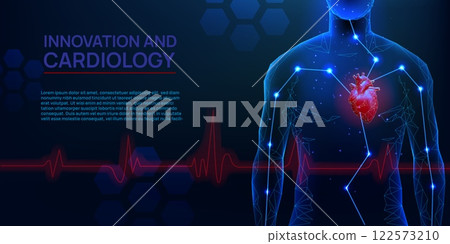 Heart beat. Human body health. 3D heartbeat. Cardiology attack. Medical consultation. Innovation medicine. Hologram anatomy. Organ and healthy pulse. Polygonal shapes. Vector background 122573210