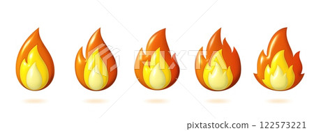 3D fire. Hot flame emoji. Gas burn render for emoticon or heat explosion shape. Orange energy power. Inferno blaze. Campfire ignition. Bonfire combustion. Warning symbol. Vector icons set 122573221