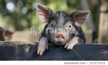 Cute Piglet Resting on a Wooden Fence Cute Piglet Resting on a Wooden Fence 122573232