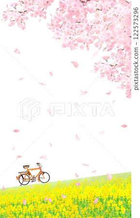 河岸邊盛開的櫻花樹和油菜花 - 自行車 - 向量插圖白色背景 iPhone 肖像螢幕尺寸背景素材 122573296