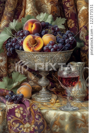 Antique silver vase adorned with lush purple grapes, golden apricots, next to silver pitcher, detailed floral curtain backdrop. Vase showcases vintage style, blending elegance, natural harvest. 122573531