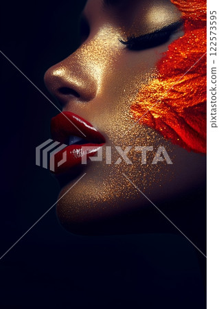 African woman portrait radiates fiery crimson tones blending with vivid golden accents, symbolizing passion, vitality, and fearless creativity. Dynamic contrasts evoke strength and vibrant energy i African woman portrait radiates fiery crimson tones blending with vivid golden accents, symbolizing passion, vitality, and fearless creativity. Dynamic contrasts evoke strength and vibrant energy i 122573595