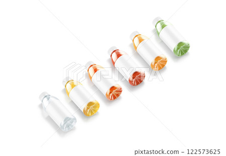 Blank 16 oz plastic bottle with different juice mockup, side view 122573625