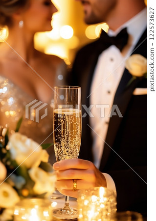 Couple dressed in black tuxedo and gold gown, bathed in festive golden light, their closeness capturing holiday devotion. Champagne glass adds sparkle to intimate, elegant celebration. 122573627