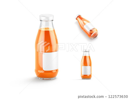 Blank transparent glass carrot juice bottle mockup, different views Blank transparent glass carrot juice bottle mockup, different views 122573630