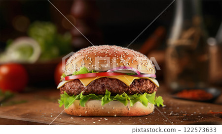 Beef hamburger with cheese mockup on kitchen background Beef hamburger with cheese mockup on kitchen background 122573633