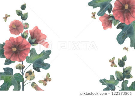 Watercolor card featuring pink hollyhock flowers, vibrant lush green leaves, and delicate butterflies. A stylized hand-painted botanical design, perfect for invitations, greeting cards or nature 122573805