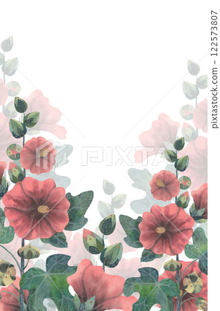 Stylized Holyoke flower. Lush green leaves, beautiful pink flowers. Hand-painted watercolor rectangular frame. Ideal for wedding designs, prints or elegant floral composition 122573807