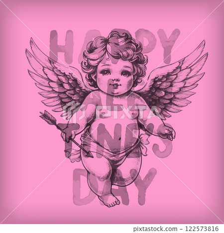 Valentines day card Invitation with hand drawn cupid. 122573816
