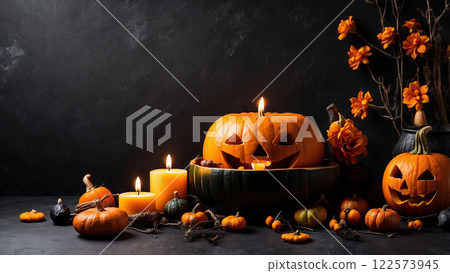 Happy halloween banner template. Flat lay composition with pumpkin and candles on black background. Happy halloween banner template. Flat lay composition with pumpkin and candles on black background. 122573945