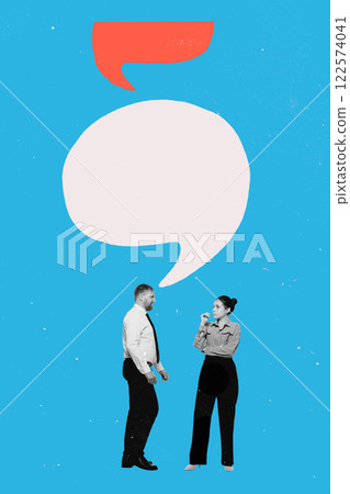 Two people with large speech bubble between them. Discussions, online dialogue and text-based communication. Conceptual art collage. 122574041