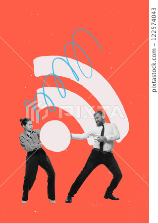 Team engaged in dynamic exchange with WiFi symbol, depicting power of digital connectivity and professional competition. Conceptual art collage. 122574043