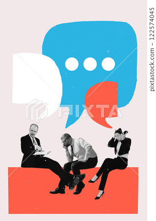 Team, workers sitting with speech bubbles above, representing discussions, debates, and communication in online space. Conceptual art collage. 122574045