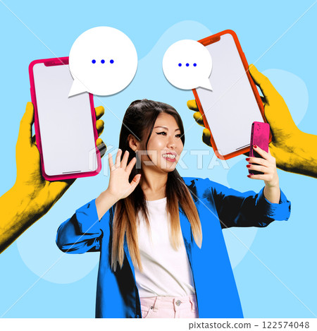 Young woman waving at smartphone while two large hands hold oversized phones with speech bubbles. Online chat via application. Conceptual art collage. 122574048