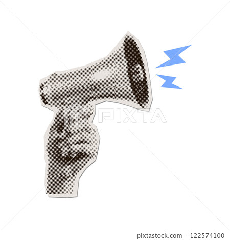 Hand holding Loudspeaker - torn out paper sticker for collage. Retro megaphone with blue lightnings. Vector halftone illustration Grunge punk element. Hand holding Loudspeaker - torn out paper sticker for collage. Retro megaphone with blue lightnings. Vector halftone illustration Grunge punk element. 122574100