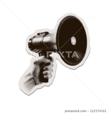 Halftone black loudspeaker in hand - vintage collage element. Collage design paper sticker in trendy retro 90s magazine style. Vector illustration with vintage torn out shape. Halftone black loudspeaker in hand - vintage collage element. Collage design paper sticker in trendy retro 90s magazine style. Vector illustration with vintage torn out shape. 122574101