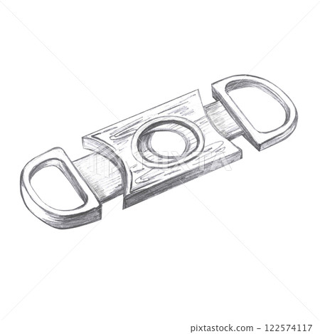 Cigar guillotine in pencil. Isolated illustration in realistic style on the theme of cigar smoking for the design of smoking rooms, advertising of tobacco products, printing on packaging. Cigar guillotine in pencil. Isolated illustration in realistic style on the theme of cigar smoking for the design of smoking rooms, advertising of tobacco products, printing on packaging. 122574117