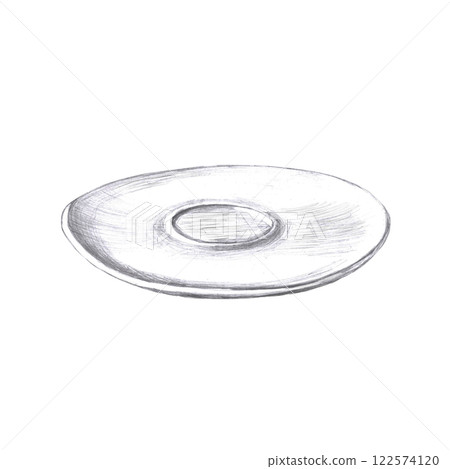 Saucer for coffee cup in pencil. Isolated illustration in realistic style for restaurant menu design, cafes interior decoration. Saucer for coffee cup in pencil. Isolated illustration in realistic style for restaurant menu design, cafes interior decoration. 122574120