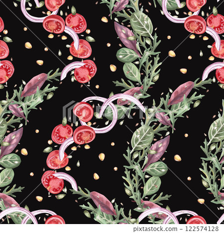 Seamless pattern with juicy tomatoes salad greens on a black background. Watercolor illustration on the theme of food for the design of the menu and interior of the restaurant, gastronomic festivals. 122574128