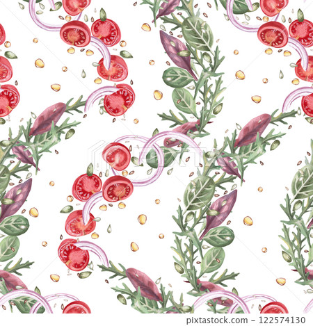 Seamless pattern with juicy tomatoes salad greens. Watercolor illustration on the theme of food for menu and restaurant interior design, gastronomic festival design. 122574130