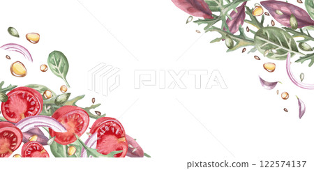 Rectangular frame with juicy tomatoes slices and greens. Isolated watercolor illustration in realistic style on food theme for restaurant menus, gastronomic magazines and festivals. 122574137