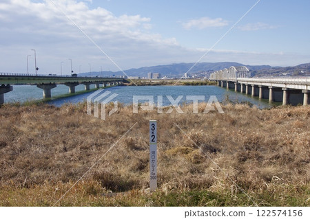 Scenery of Kasumi Bridge and Takahashi River Scenery of Kasumi Bridge and Takahashi River 122574156
