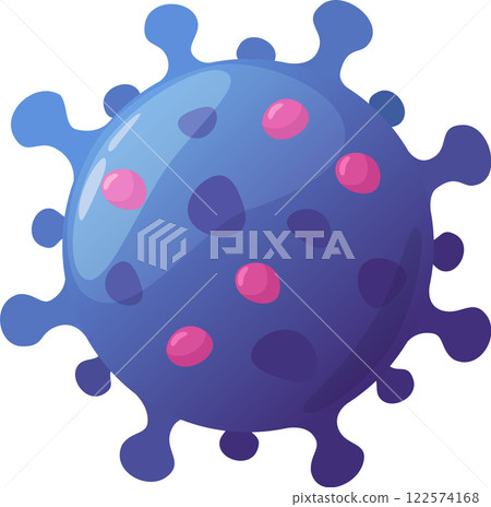 Cartoon virus featuring pink spots and spikes, representing an infectious disease, perfect for educational and medical content aimed at teaching about health and microbiology 122574168