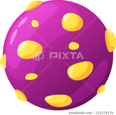 Cartoon style illustration of a purple planet with yellow craters, creating a vibrant and otherworldly scene, perfect for space themed projects Cartoon style illustration of a purple planet with yellow craters, creating a vibrant and otherworldly scene, perfect for space themed projects 122574170
