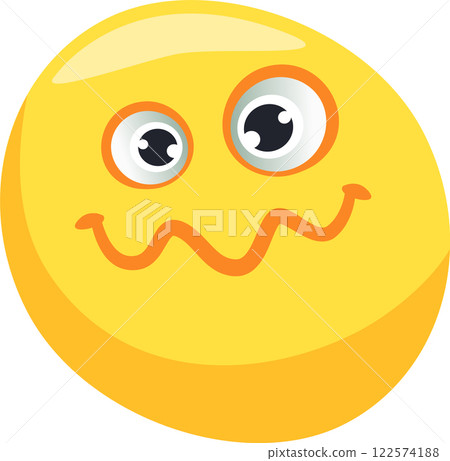 Round yellow emoticon with big eyes, goofy expression and wavy mouth, isolated on white background representing awkwardness, confusion, or shyness 122574188