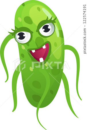 Cartoon illustration of a funny green bacteria with large eyes, thin legs and a smiling mouth showing two teeth, isolated on a white background Cartoon illustration of a funny green bacteria with large eyes, thin legs and a smiling mouth showing two teeth, isolated on a white background 122574191