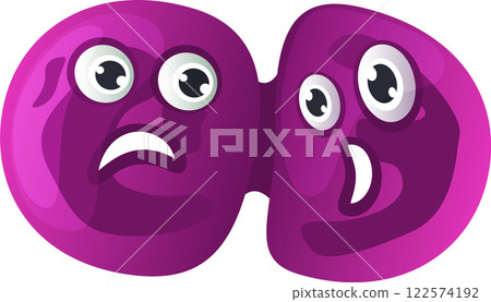 Funny purple cartoon character with two faces showing opposite emotions, one sad and one happy, representing bipolar disorder and psychological issues Funny purple cartoon character with two faces showing opposite emotions, one sad and one happy, representing bipolar disorder and psychological issues 122574192