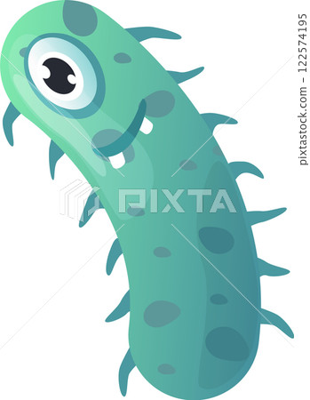 Cartoon illustration of a funny microbe with a big eye, showing teeth, isolated on a white background, ideal for educational and healthcare related projects 122574195