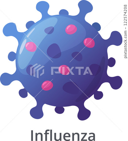 Illustrating the influenza virus cell. Highlighting themes of infection and disease within healthcare and medical microbiology. Featuring vibrant purple and pink hues against a clean white background 122574208
