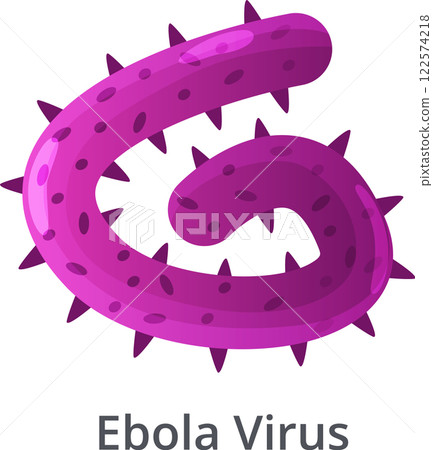 Ebola virus, a hemorrhagic fever pathogen, floats and rotates, revealing its characteristic spikes and purple hue, highlighting its dangerous potential for severe illness 122574218