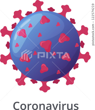 Illustrating the coronavirus particle responsible for the COVID 19 pandemic, featuring a blue sphere with pink spikes, set against a clean white background 122574219