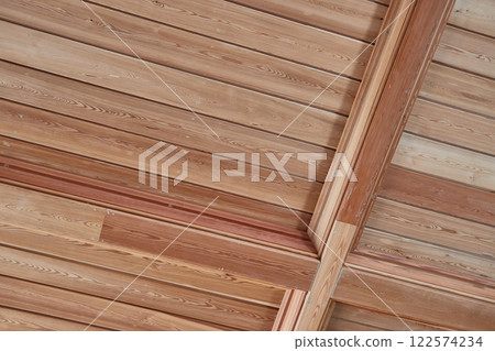 Wooden roof lumber beam structure from inside 122574234
