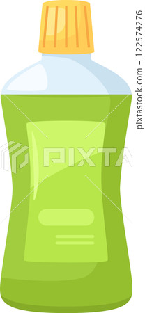Green cleaning product housed in a transparent plastic bottle featuring a bright yellow cap, ideal for washing dishes and maintaining cleanliness in kitchenware 122574276
