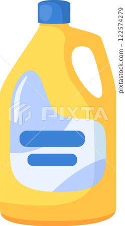 Yellow plastic bottle with handle and blue cap containing cleaning product with blue label simulating transparent content, isolated on white background Yellow plastic bottle with handle and blue cap containing cleaning product with blue label simulating transparent content, isolated on white background 122574279