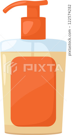 Light brown plastic bottle holding liquid soap features an orange dispenser and label, presented as a vector illustration against a clean white background 122574282