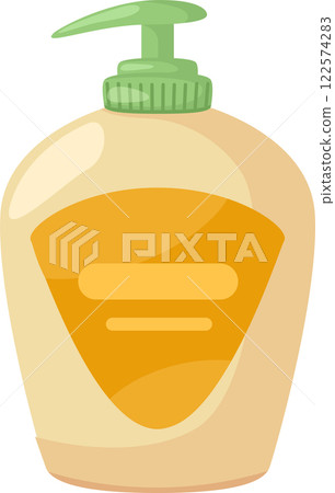 Illustration featuring a plastic container with a green pump dispenser, holding liquid soap designed for hand washing and promoting personal hygiene in everyday life 122574283