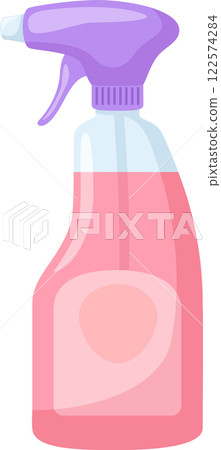 Pink cleaning product in a transparent plastic spray bottle with purple trigger for cleaning and sanitizing various surfaces in a house, maintaining hygiene and cleanliness 122574284