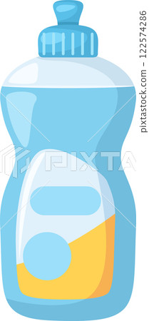 Light blue plastic bottle containing yellow dishwashing liquid or other cleaning product, isolated on white background, with blank labels and blue cap 122574286