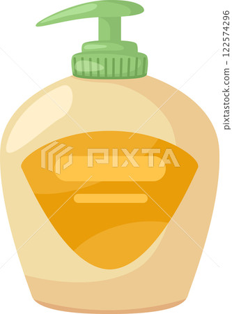 Beige plastic bottle with blank yellow label and green dispenser cap containing liquid soap for washing hands and body promoting hygiene and cleanliness Beige plastic bottle with blank yellow label and green dispenser cap containing liquid soap for washing hands and body promoting hygiene and cleanliness 122574296