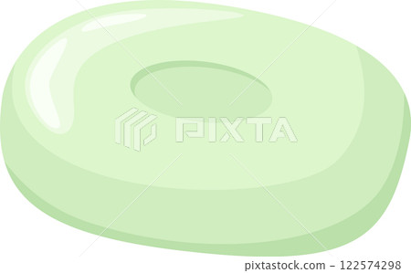 Oval shaped light green soap bar with a central hole, lying on a white background, evokes freshness, hygiene, and cleanliness, perfect for promoting personal care products Oval shaped light green soap bar with a central hole, lying on a white background, evokes freshness, hygiene, and cleanliness, perfect for promoting personal care products 122574298