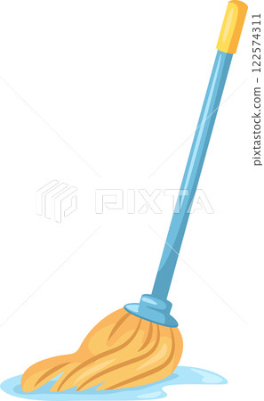 Wet mop cleaning up a spill on the floor, showcasing effective cleaning techniques for housekeeping themes. Bright white background enhances the focus on cleanliness and hygiene 122574311