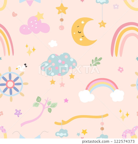 Childish seamless pattern with cute decorative elements. Rainbow, clothes, flowers, baby mobile with hanging, steering wheel and bird, vector background 122574373