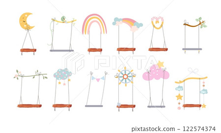 Cartoon swings collection. Isolated swing with abstract decoration, hang hammocks hanging on moon, cloud, rainbow, steering wheel, tree branch, vector set Cartoon swings collection. Isolated swing with abstract decoration, hang hammocks hanging on moon, cloud, rainbow, steering wheel, tree branch, vector set 122574374