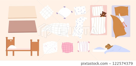 Bedroom cartoon elements. Pillows, mattress, bed and blanket. Sleep place with plush toys, teddy bear and goose. Children adult sleeping equipment, vector set 122574379