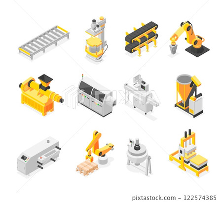Isometric industry robots. Robotics manipulators machines, heavy technologies for factories, manufactures. Industrial technic flawless vector set 122574385